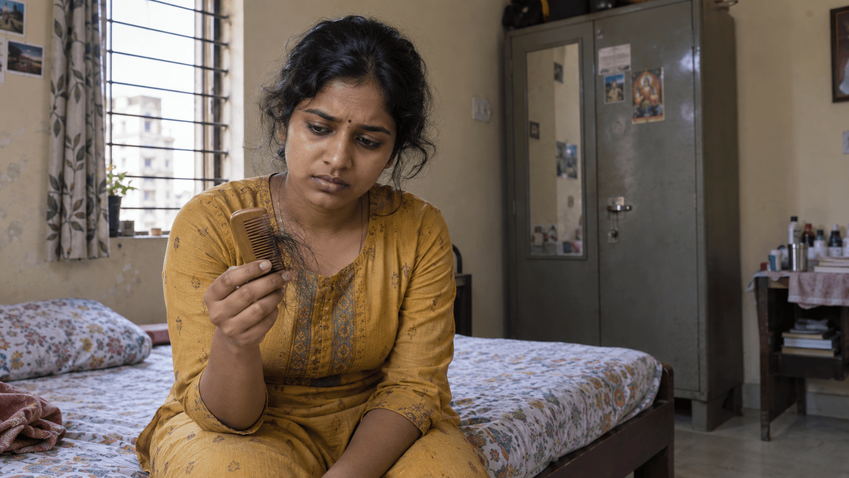 An Indian woman in a modest bedroom looks concerned at loose hair caught in her comb