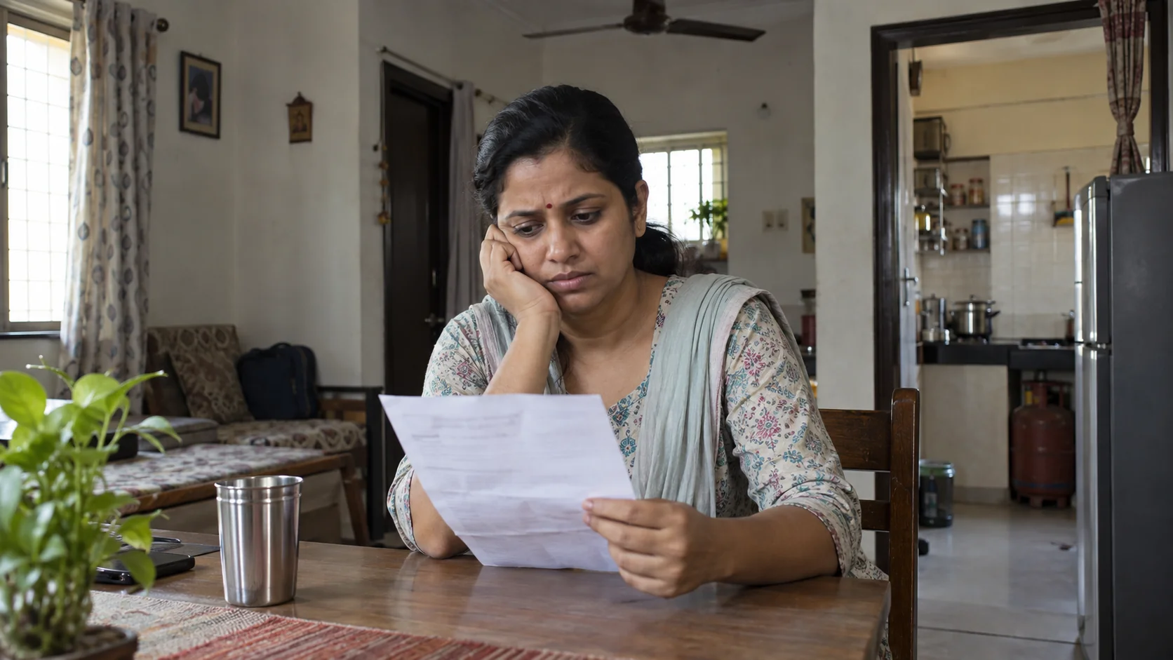साधारण घर में खून की जाँच की रिपोर्ट पढ़ती चिंतित भारतीय महिला