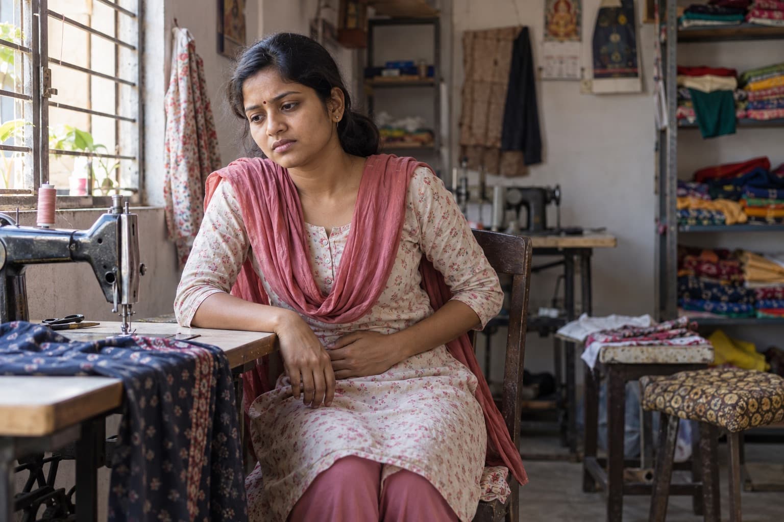 An Indian tailor pauses beside a sewing machine because of period pain